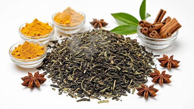 Green Tea and Spice Arrangement - Overhead shot displays green tea leaves arranged next to turmeric powder in glass bowls, star anise, cinnamon sticks and green leaves.