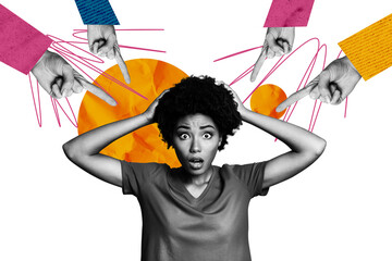 Composite trend artwork 3D sketch image photo collage of copyspace young woman confused loser gesture finger point mockery bully hate