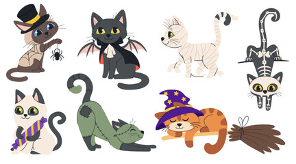 Cartoon Halloween cats vector set. Cute kittens in costumes of vampire, mummy, skeleton, witch, and more. Funny holiday characters for Halloween design, decoration, cards and invitations.