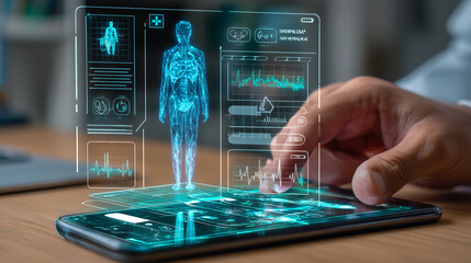 Telemedicine, physician reviews AI driven health data on holographic interface beside smartphone, inside hospital office to enhance outcomes. concept EHR, decision support, smart hospital.
