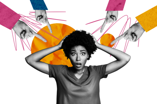 Composite trend artwork 3D sketch image photo collage of copyspace young woman confused loser gesture finger point mockery bully hate