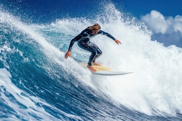 Surfer rides a large wave on a sunny day at the beach