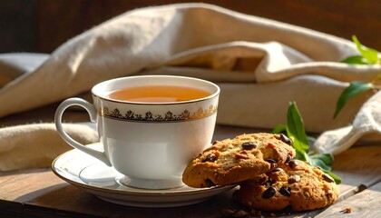 Cup of tea and cookies on a wooden table