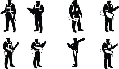 Collection of construction worker silhouettes wearing safety uniforms and holding blueprints, drawings, and architectural project plans for building design illustration