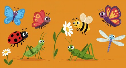  bold color vector of small animated butterflie, honey bee and other insects