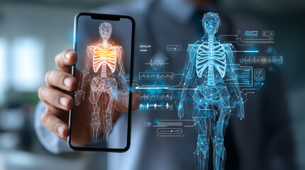 Telemedicine, physician reviews AI driven health data on holographic interface beside smartphone, inside hospital office to enhance outcomes. concept EHR, decision support, smart hospital.