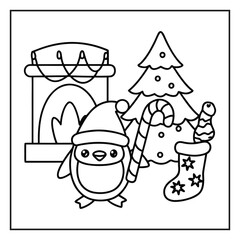 santa claus and christmas tree, Christmas Coloring Page Line Art