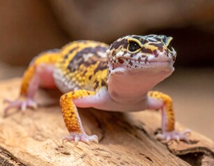 Close-up of a leopard gecko on wood