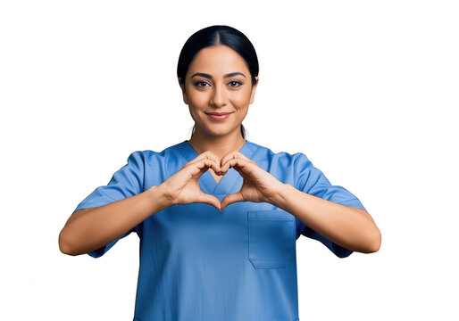 Caring Nurse: Woman in Scrubs Making Heart Shape Isolated on White