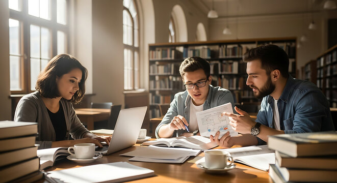 Collaborative Learning : Students work together in a library using books notes and a laptop for focused study and discussion - Powered by Adobe