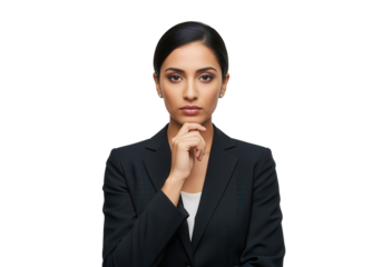 Confident Indian Businesswoman in Suit Thinking on White Background