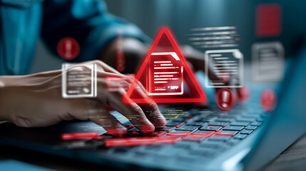 Warning alert icon with a hacked document system.Man typing on a keyboard with a red cybersecurity threat alert, surrounded by digital files and documents.