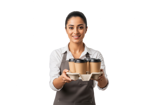 Smiling Barista Holding Coffee Cups on White Background - Powered by Adobe