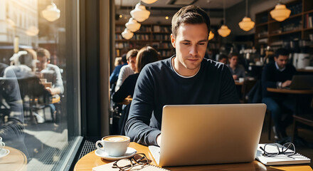 A young man works on his laptop at a cafe enjoying a coffee while surrounded by other people and books on shelves in the background