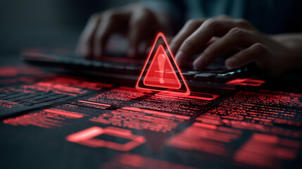 Warning alert icon with a hacked document system.Man typing on a keyboard with a red cybersecurity threat alert, surrounded by digital files and documents.