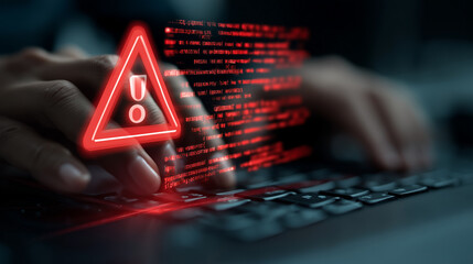 Warning alert icon with a hacked document system.Man typing on a keyboard with a red cybersecurity threat alert, surrounded by digital files and documents.