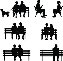 Bench silhouette collection, people sitting in pairs and alone, dog companion, social interaction, outdoor scene, black illustration, leisure, park, quiet moment