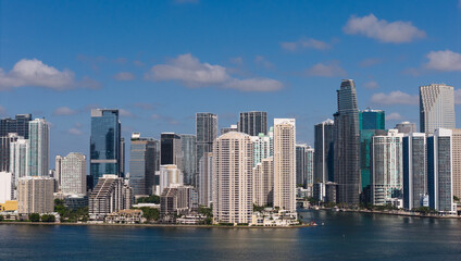 Aerial view of Brickell skyline in downtown Miami. Scenic panorama of Brickell financial district....