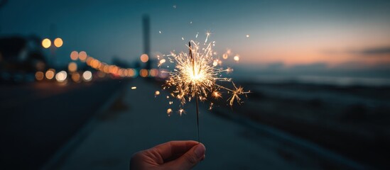 Celebrate new beginnings with a sparkler at twilight, creating magical memories with friends and family under the beautiful evening sky.