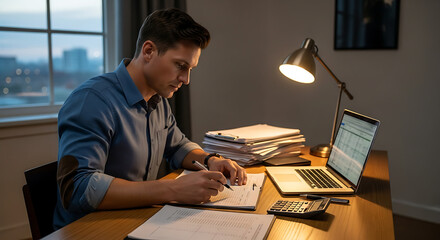Man working on documents at a desk with laptop calculator and lamp in dim light of the evening from his home office