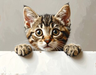 Curious kitten peeking from behind a blank surface