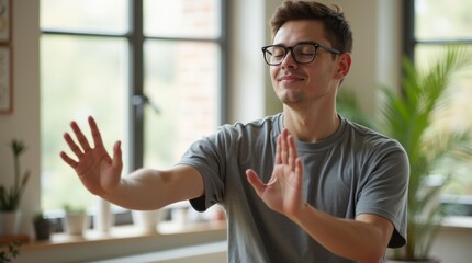 Man with down syndrome in gray t-shirt glasses practicing tai chi meditation by window natural light. Peaceful person mindfulness exercise wellness. Disability inclusion concept banner horizontal