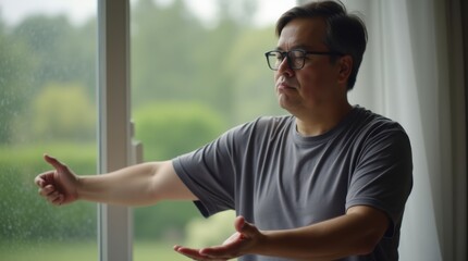 Man with down syndrome in gray t-shirt glasses practicing tai chi meditation by window natural light. Peaceful person mindfulness exercise wellness. Disability inclusion concept banner horizontal