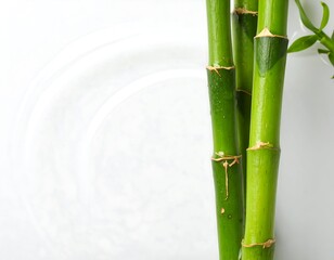 Obraz premium Fresh green bamboo stalks on a white surface