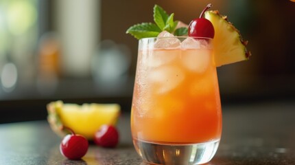 Refreshing frosty mai tai cocktail with cherry and pineapple garnish served chilled