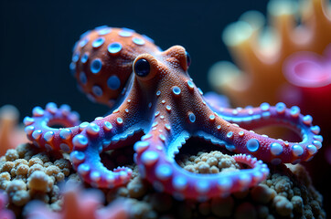 Blue-ringed octopus close-up among bioluminescent corals