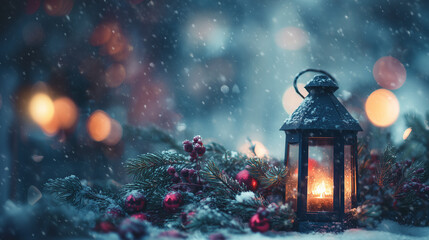 Lantern Glow in a Snowy Holiday Setting