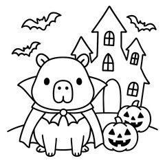 Kawaii Halloween Capybara Coloring Page with Vampire Costume, Haunted House, Pumpkins and Flying Bats