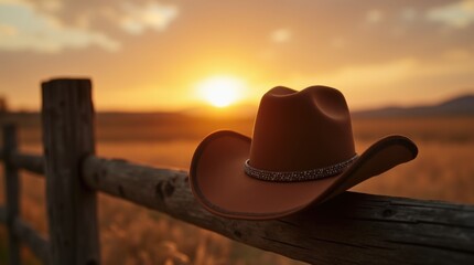 Rustic outdoor scene with cowboy hat against wooden fence at sunset. Concept Outdoor Photoshoot, Rustic Theme, Cowboy Hat, Wooden Fence, Sunset Setting 