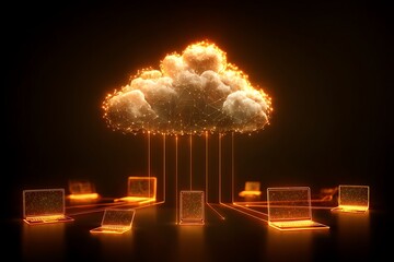 Dynamic digital cloud network connecting glowing laptops and devices, showcasing futuristic data...