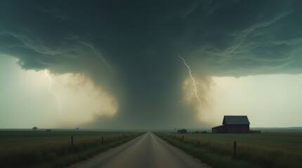 powerful tornado funnel under rotating storm over plains, dark green sky, inflow bands, rural threat, emergency preparedness concept