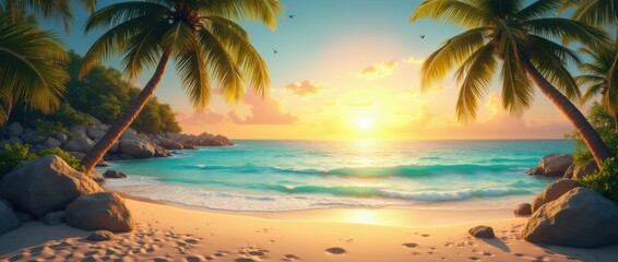 Tropical Beach With Crystal Clear Water And Palm Trees Golden Sunset High Detail 
