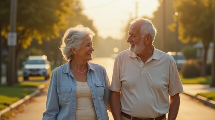 Two elderly people walk down a sunlit suburban street, smiling at each other.