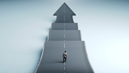 Man walking on a bending up and down road with arrow at the end symbolizing growth, resilience and success, 3D Render © BPawesome