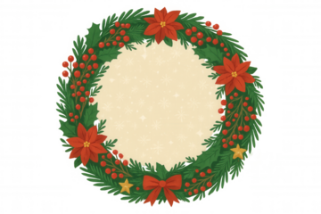 Christmas wreath frame with poinsettias, holly, berries, bow, and stars, creating a festive holiday border element