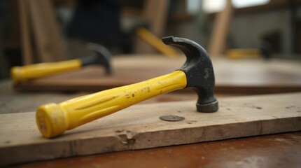 vivid yellow claw hammer lying diagonally on rustic wooden boards with natural grain, soft daylight, authentic workshop ambiance
