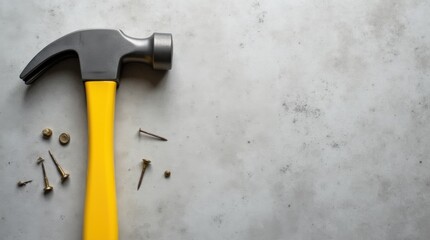 top-down flat lay of yellow hammer with scattered nails on textured grey concrete surface, strong contrast, modern hardware concept

