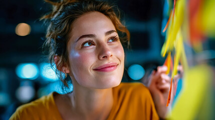 Smiling young woman placing colorful sticky notes on a board during brainstorming