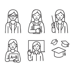 Doodle Female Teacher Line Icons for Education and Classroom