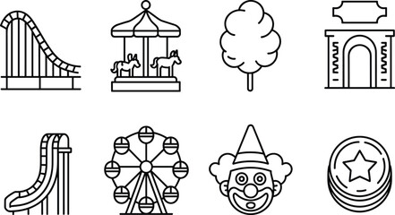 Amusement park line icons featuring roller coaster, carousel, Ferris wheel, clown, cotton candy, entrance gate, water slide, and tickets