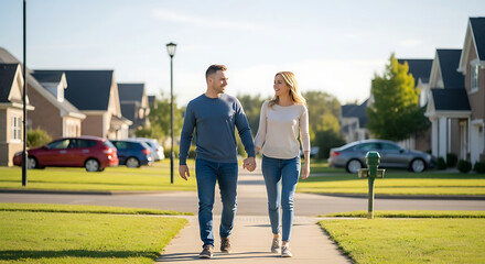 Couple walking hand - in - hand down a neighborhood sidewalk enjoying a sunny day and each other ' s company on a leisurely walk