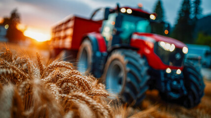 Close-up of ripe wheat stalks with a red tractor in the blurred background at golden hour