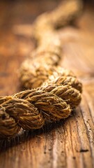 Close-up of a light brown rope on a wooden surface