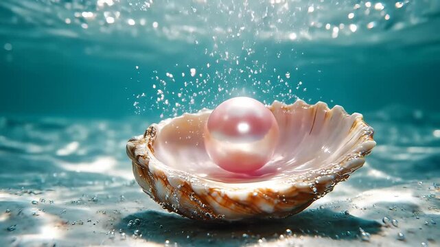 A luminous pearl rests inside a seashell on a sandy ocean floor with shimmering water and rising bubbles.