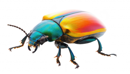 A vibrant. multicolored beetle iridescent hues of blue. green. and red. captured against a white background. highlighting its intricate details and natural beauty for educational or artistic use