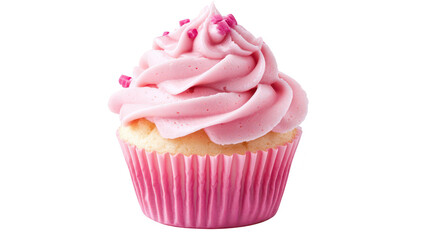 A beautifully decorated pink frosted cupcake with sprinkles. sitting on a clean white background. perfect for dessert photography or bakery promotional materials